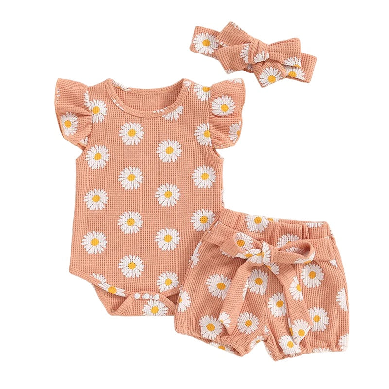 3pcs Floral Bow Shorts Set