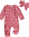 2pcs Waffle Heart Print Ruffled Onesie