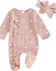 2pcs Waffle Heart Print Ruffled Onesie