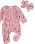 2pcs Waffle Heart Print Ruffled Onesie