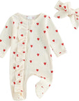 2pcs Waffle Heart Print Ruffled Onesie