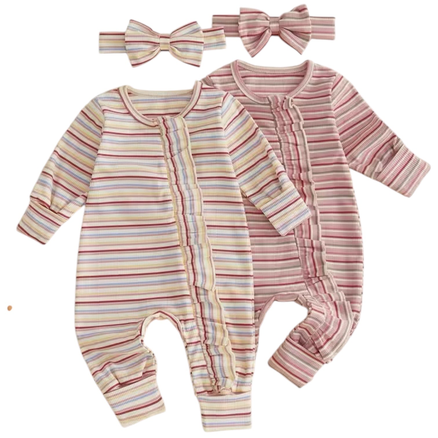 Pastel Stripe Ruffle Zip Romper Bow Set