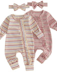 Pastel Stripe Ruffle Zip Romper Bow Set
