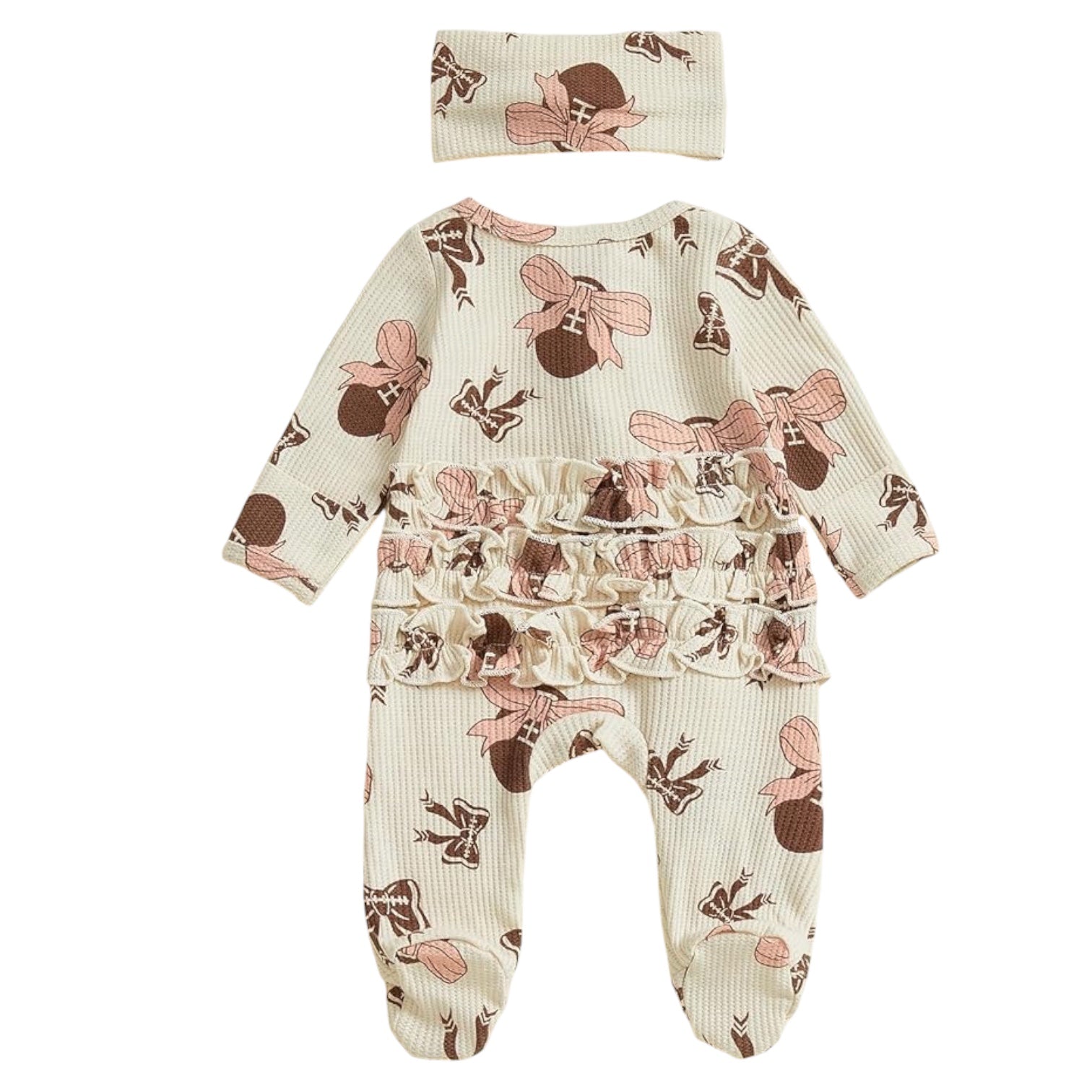 Pink Football Bow Baby Ruffle Footie