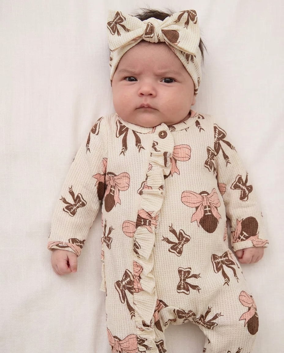 Pink Football Bow Baby Ruffle Footie