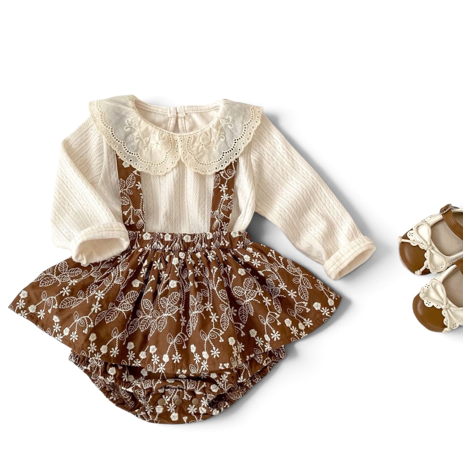 Vintage Embroidered Floral Suspender Skirt Set