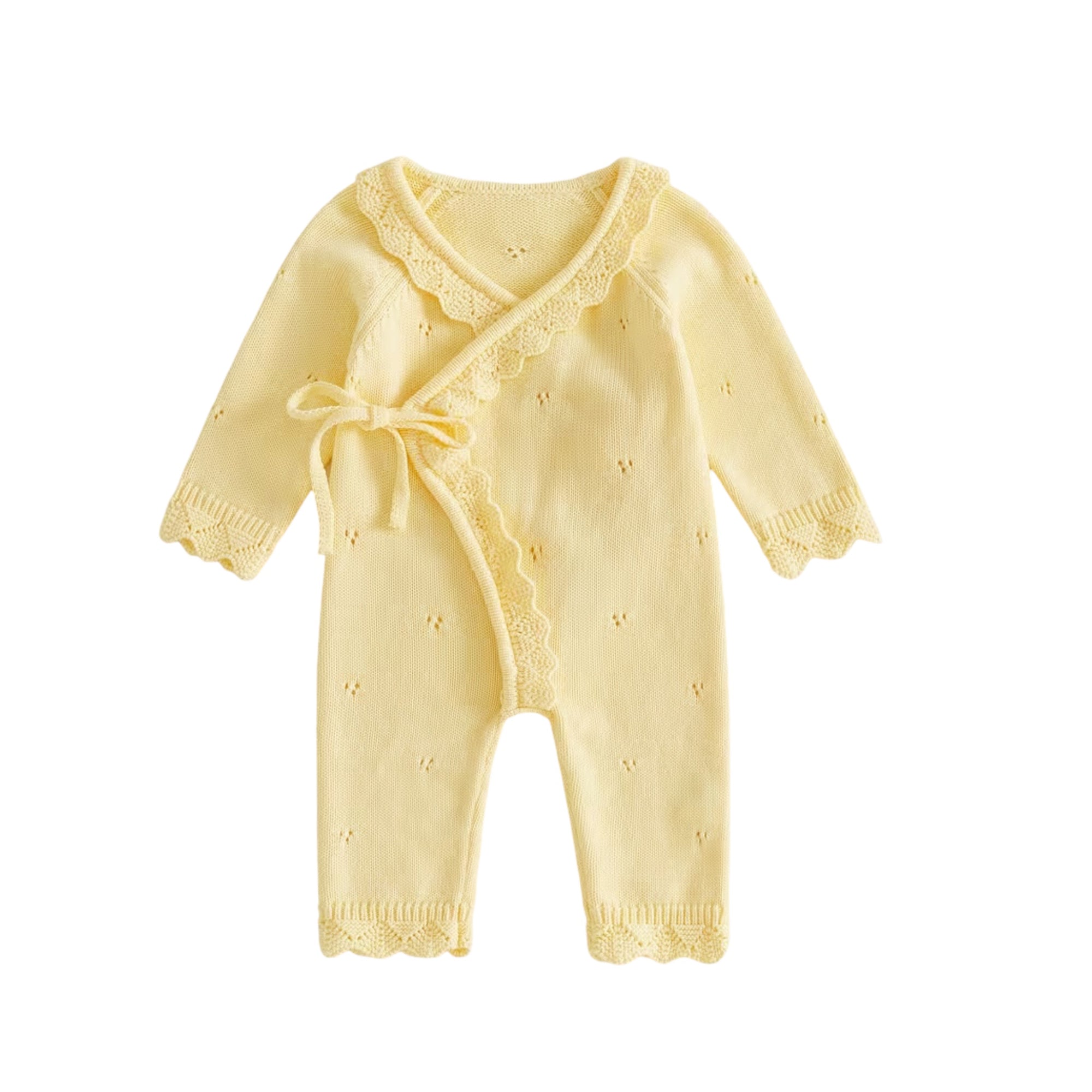 Heirloom Lace Knit Wrap Romper Yellow