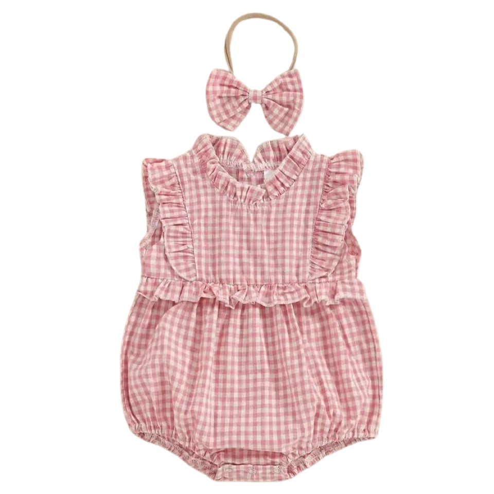 2pcs Ruffle Plaid Romper